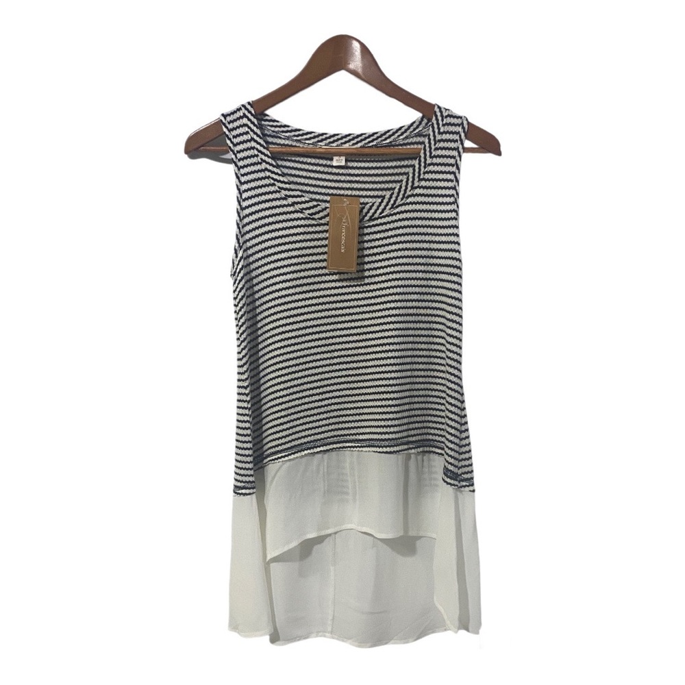 NWT Miami Sleeveless White Black Stripped Tunic Tank Top Women’s Small Hi-Lo Hem